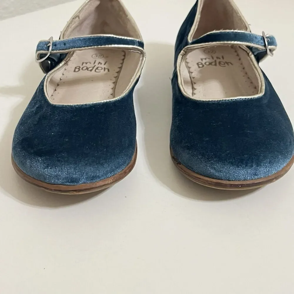 Mini Boden Blue Velvet Mary Jane Shoes Buckle Flats Girls Size 32 US 13.5